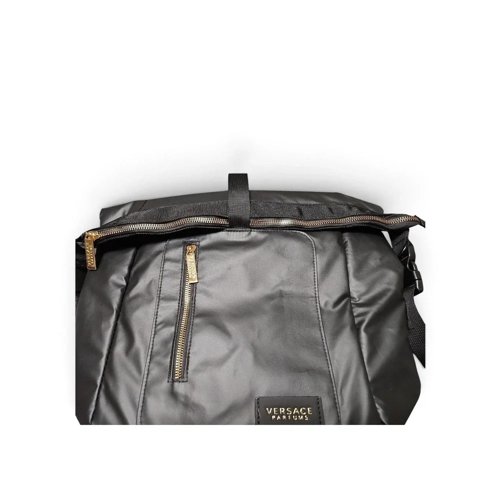 Versace Parfums Black Nylon Backpack Gold Greca Strap Designer Fragrance Bag New
